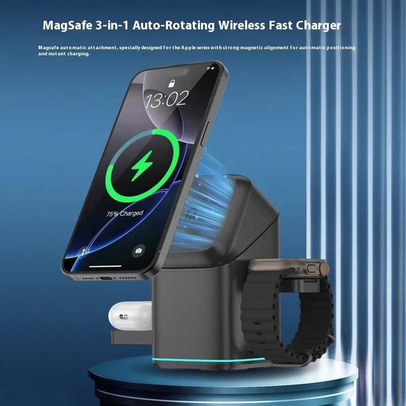 Black mobile phone magnetic wireless charging stand showing 180-degree rotation feature with Type-C cable
