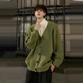 Men's loose-fit retro V-neck cardigan sweater in army green, shown on a hanger.