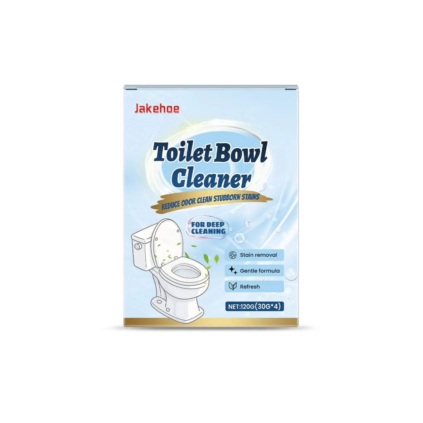 Toilet cleaning powder in four 30g sachets showing sodium bicarbonate and citric acid formula for limescale removal