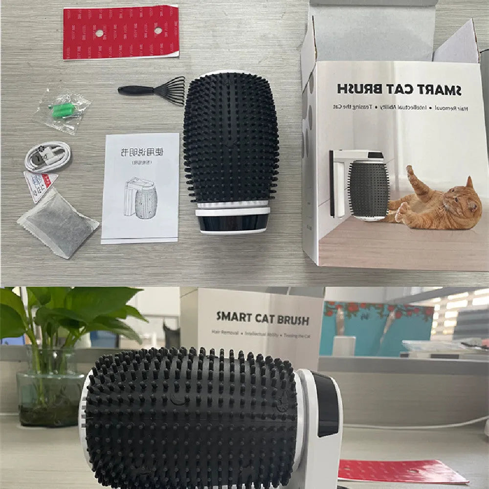 White automatic cat self-groomer wall corner brushes with scratching surfaces for feline independent grooming