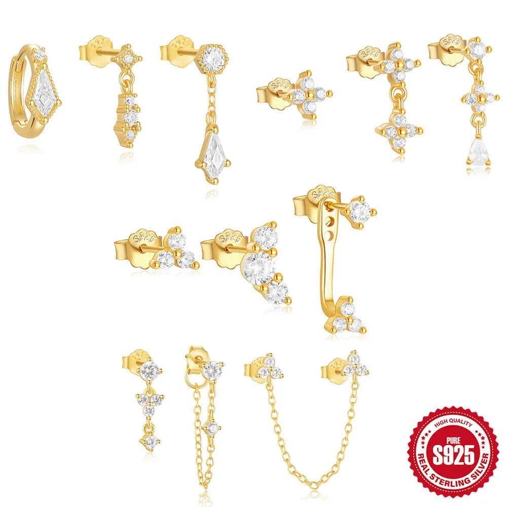 S925 sterling silver geometric earring set with three pairs showing zircon accents and gold tone finishes