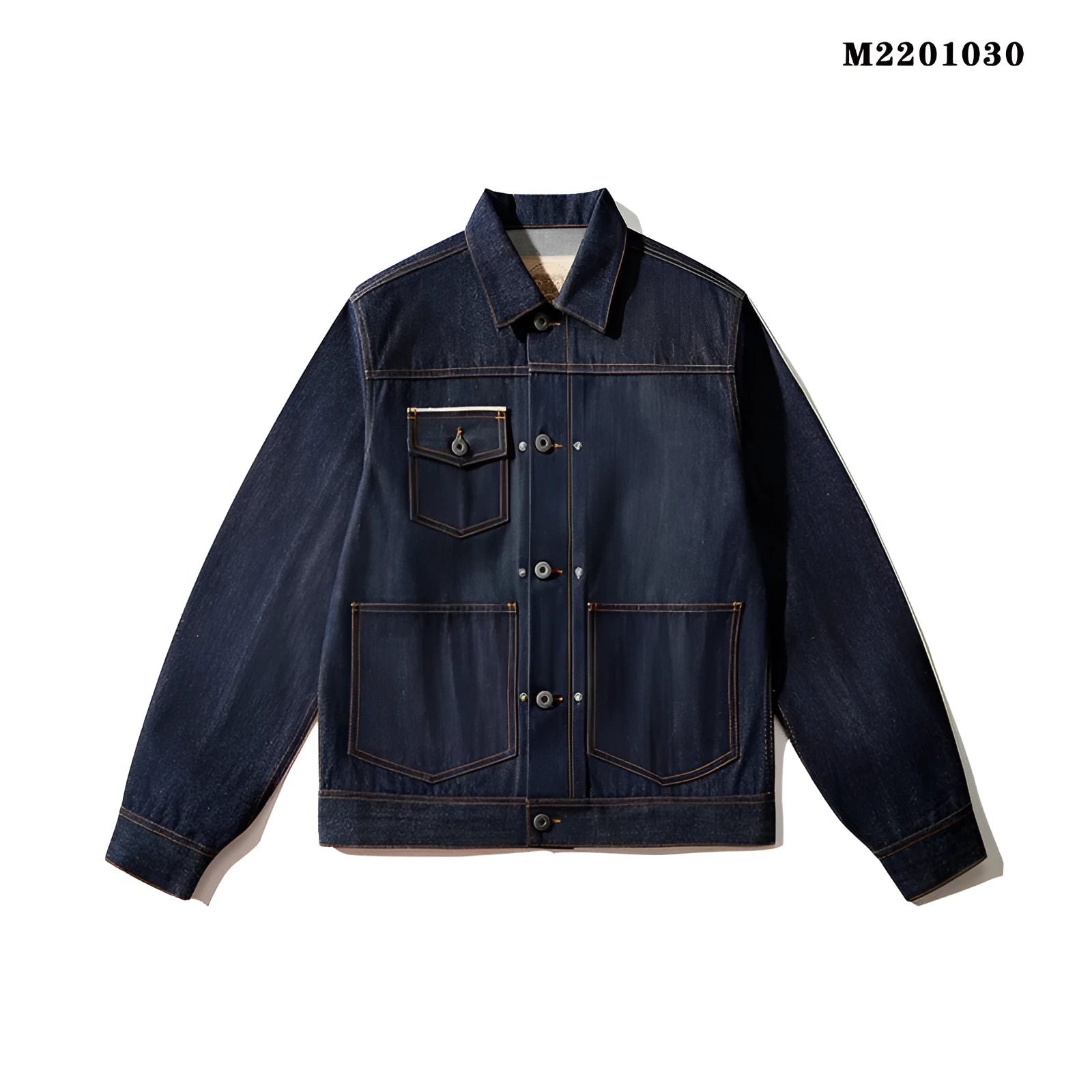 Men's raw pulp colour Japanese-style loose cotton jacket with red edge detailing and patch pockets.