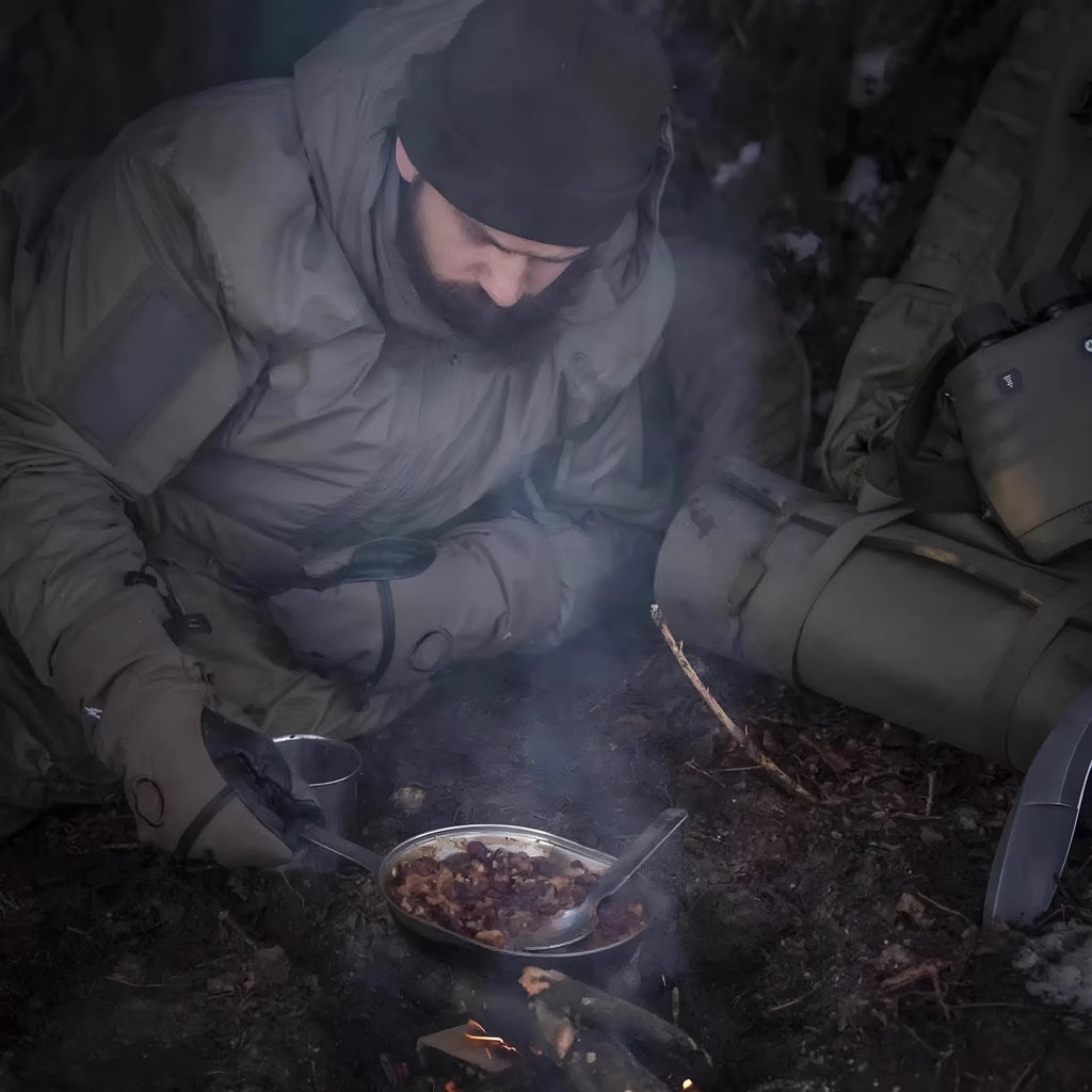 Thick cotton jacket shown in camouflage and plain colours, available in medium and long lengths.