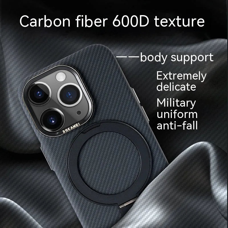 Carbon fibre iPhone case with magnetic bracket in graphite black, compatible with Apple iPhone 13 to 15 Pro Max