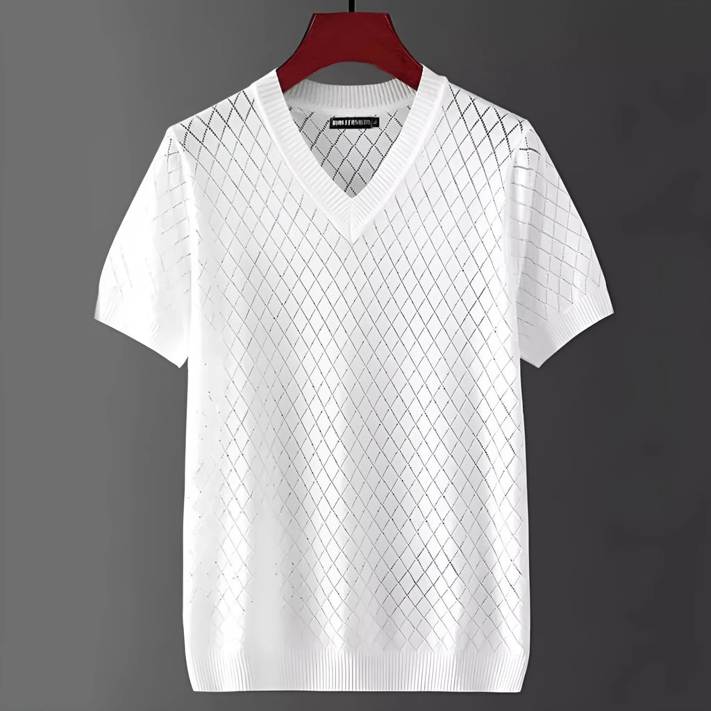 Men's ice silk t-shirt with Korean style cut-out design in black and white colours, available in sizes M to XXXL