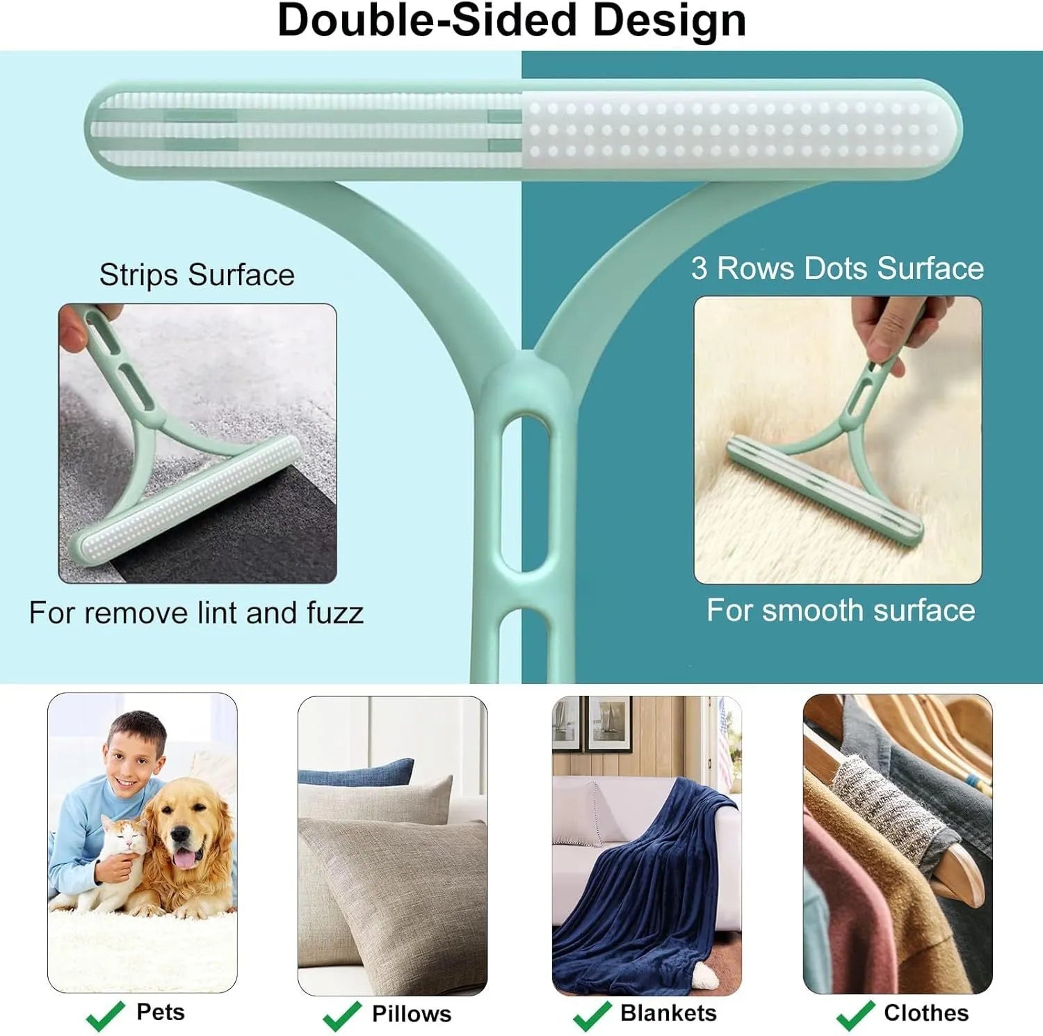 Three pet hair removal tools: metal lint remover, silicone brush and round cleaner with beech wood handle