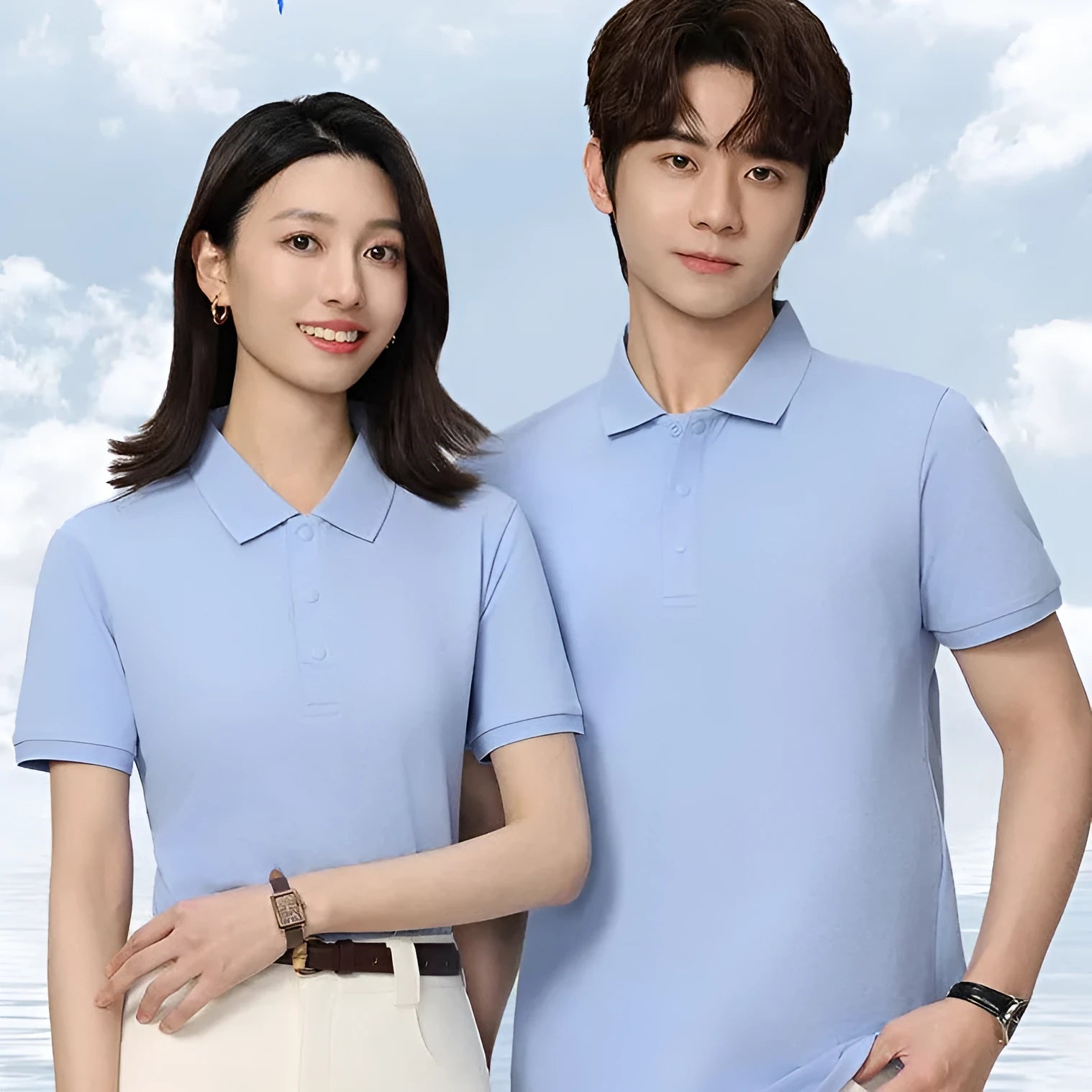 Men's beige cotton short sleeve polo shirt with a lapel collar, shown in a loose fit.