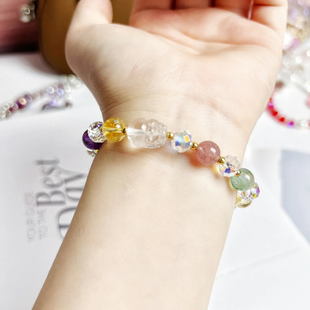 Handcrafted multicolour crystal bracelet featuring a detailed nine-tailed fox charm.