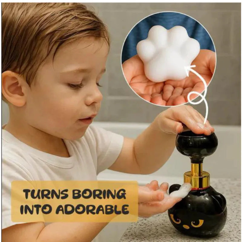 Black cartoon cat-shaped foam soap dispenser with decorative ornaments, dimensions 10x10x18cm