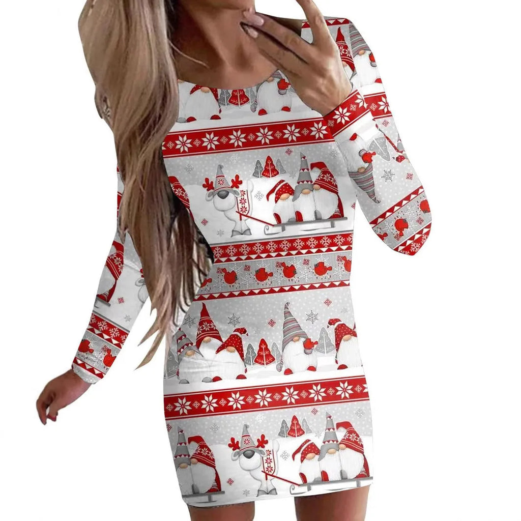 Christmas printed narrow dress with animal patterns, mid waist, and hip skirt silhouette in floral colour