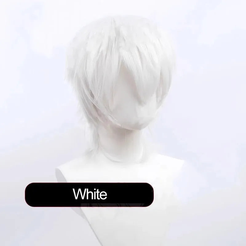 Short black anime-style cosplay wig for men on a stand