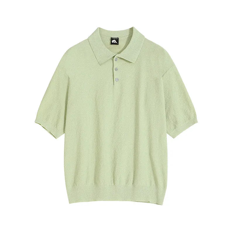 Men's simple retro knitted polo shirt with asymmetric design in caramel colour, short sleeves for summer