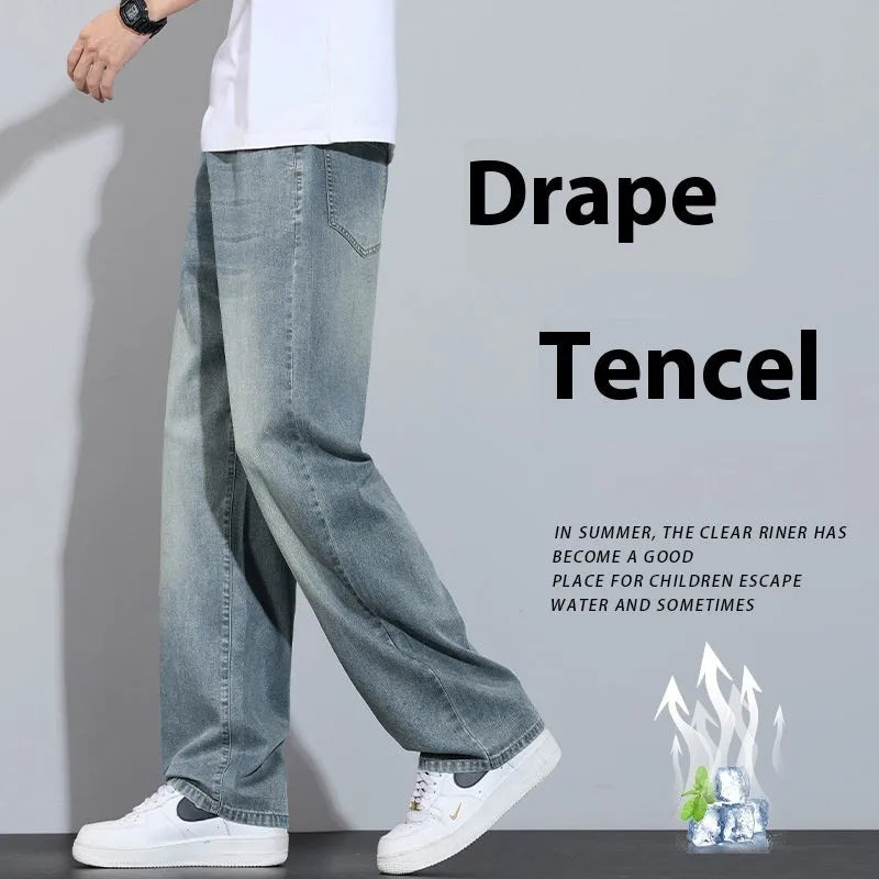 Straight-leg denim trousers in blue shades with zip fly and ice silk fabric for breathable leisure wear