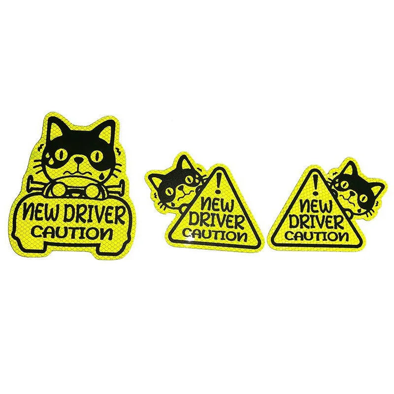 Set of three magnetic reflective car stickers featuring cat, panda, and duck designs on a car window.