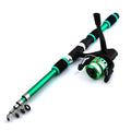 Children's fishing rod starter kit with a coloured pole, spinning wheel and a small bait and accessory box.