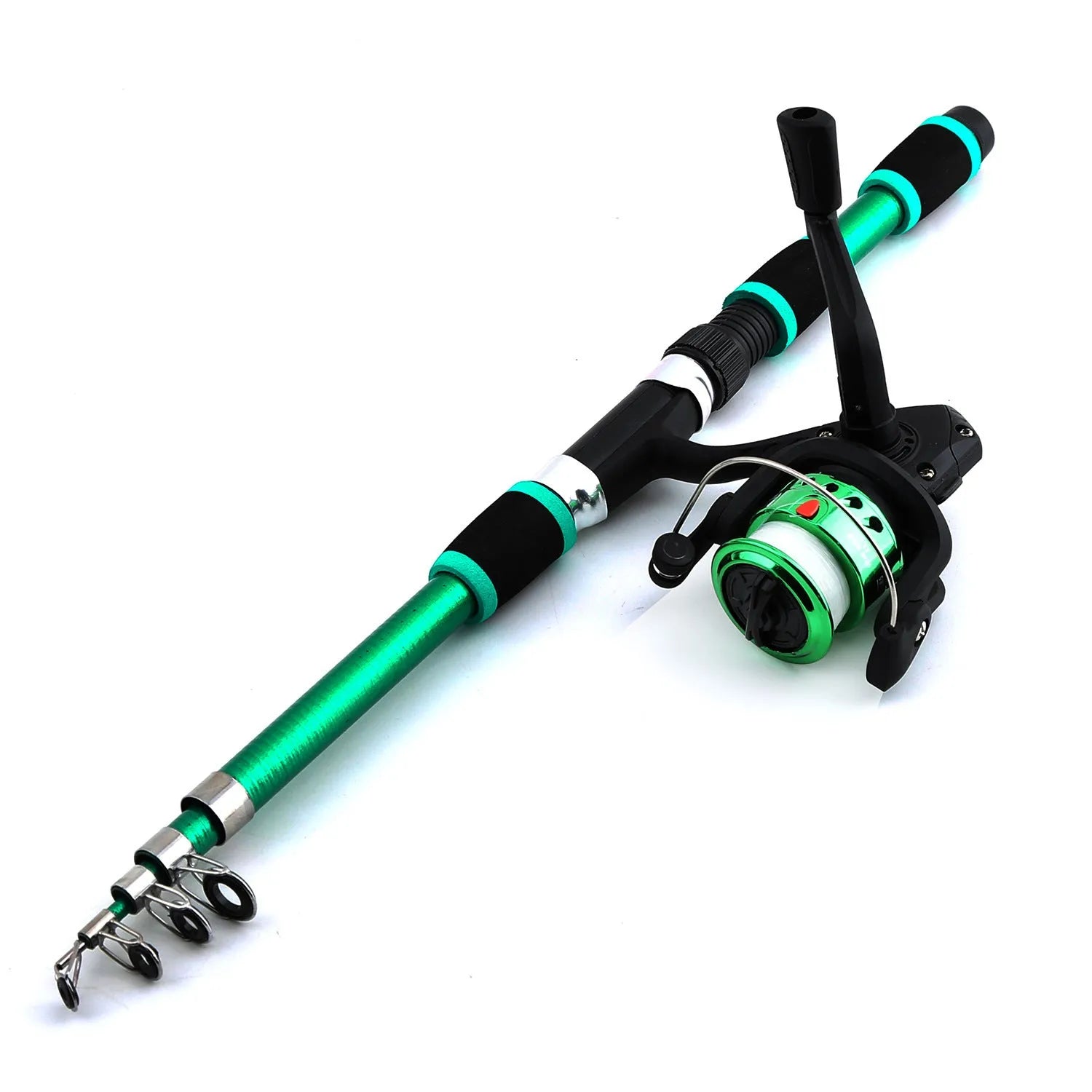 Children's fishing rod starter kit with a coloured pole, spinning wheel and a small bait and accessory box.