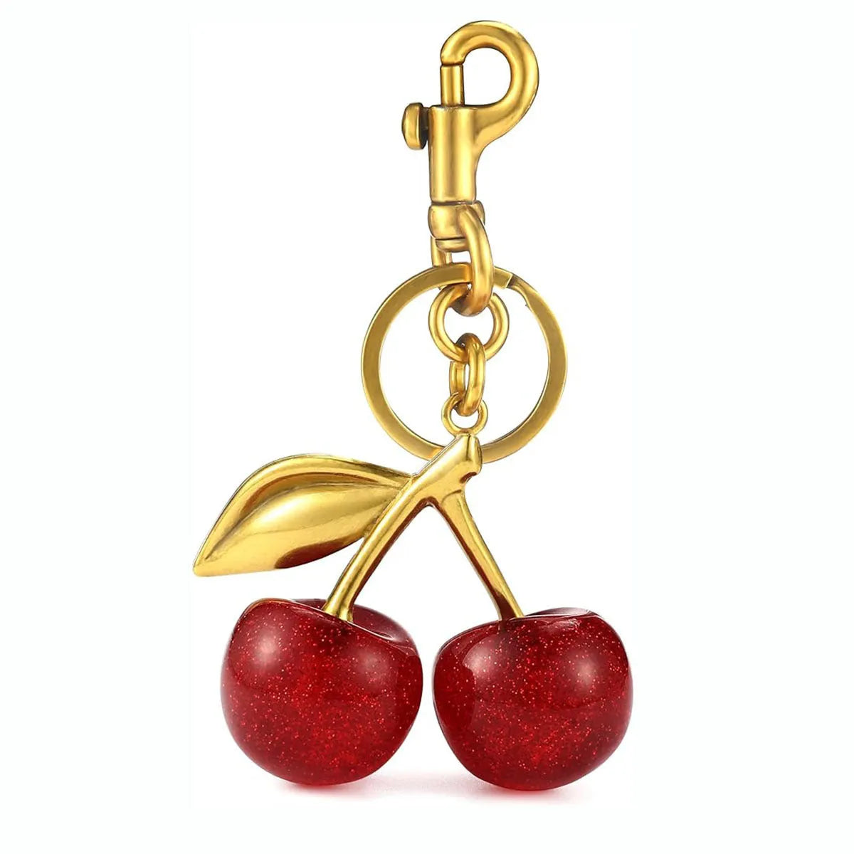 Red zinc alloy cherry-shaped key pendant measuring 5cm with key ring attachment