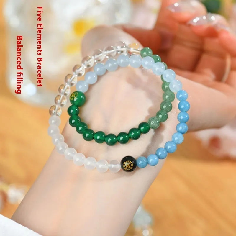 Crystal double ring bracelet in five elements colours with geometric round design and national style elements