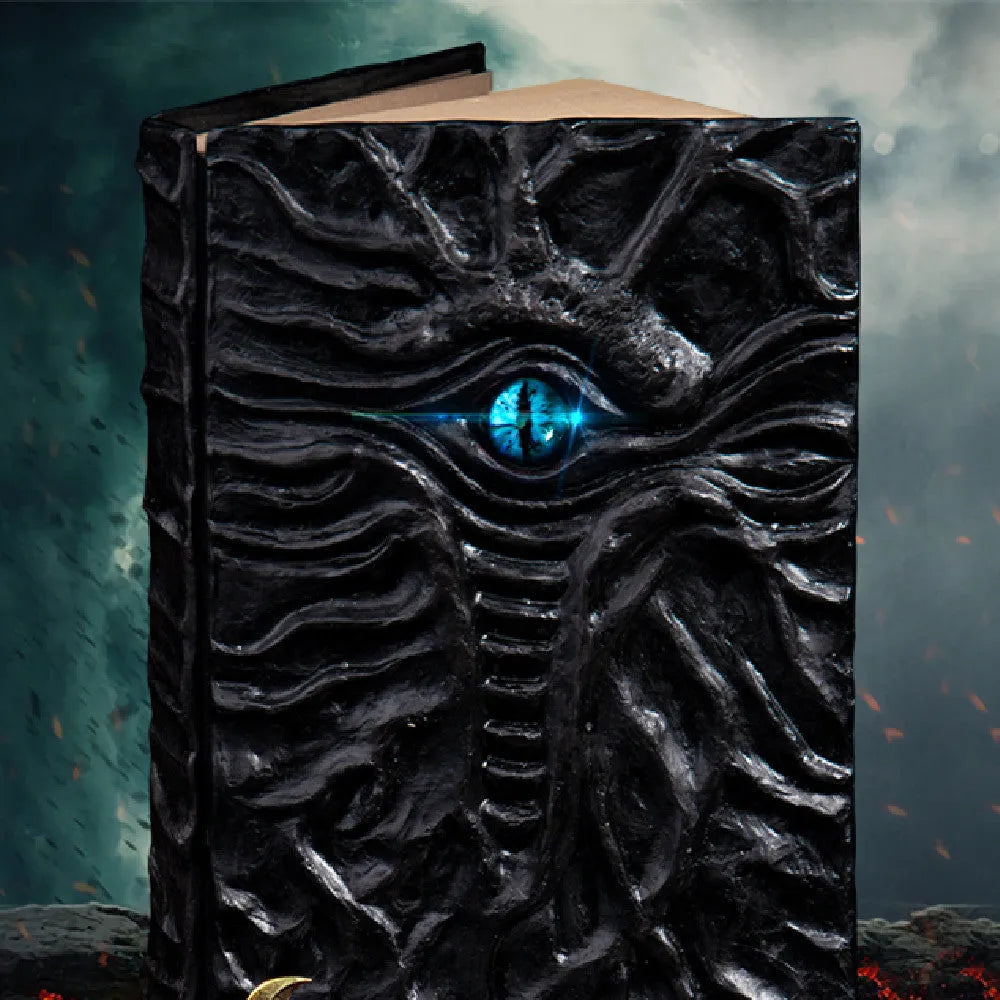 Dark kraft paper A6 notebook with an embossed Cthulhu design on the cover, shown next to a gift box.