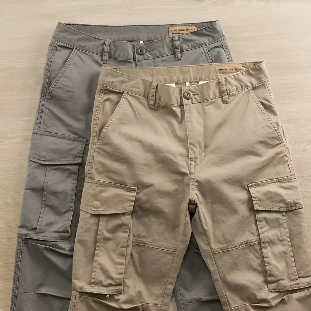 Men's solid-colour cotton work trousers with multiple pockets in cropped length