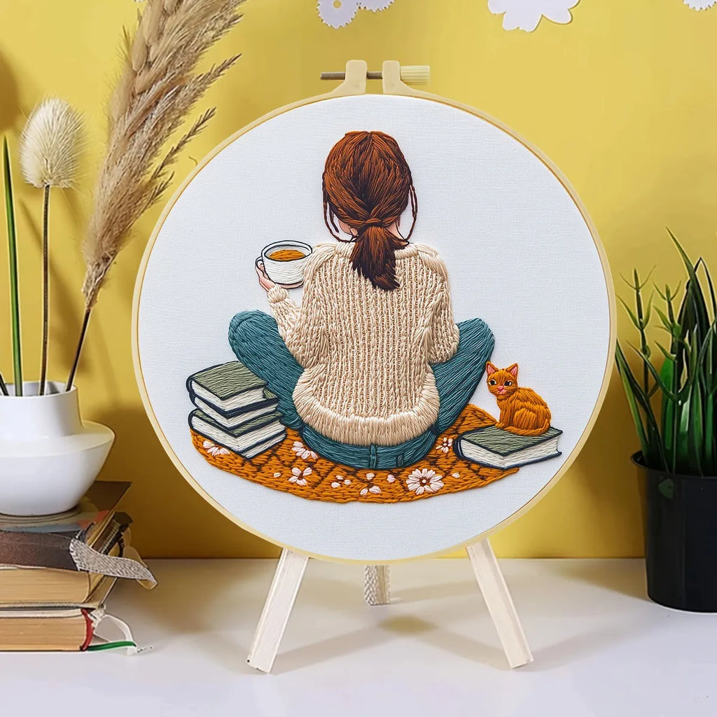 Embroidery kit with embroidered sunflower design in egg flower series