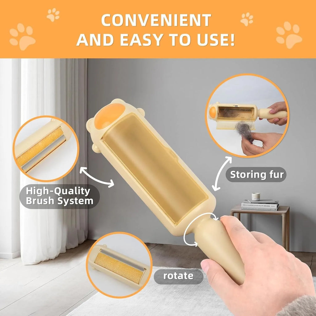 Blue pet hair remover with self-cleaning base rolling on a sofa to collect dog fur