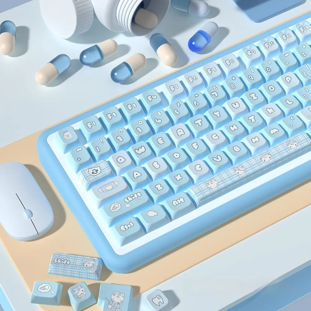 Watercolour kitten custom keycap set with sublimation printing on PTB plastic, showing 138 or 158 keys with opaque legends