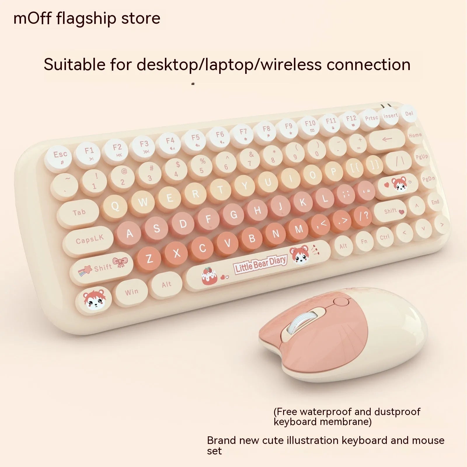 Candy pink wireless keyboard and mouse set with compact 43.5 cm keyboard dimensions
