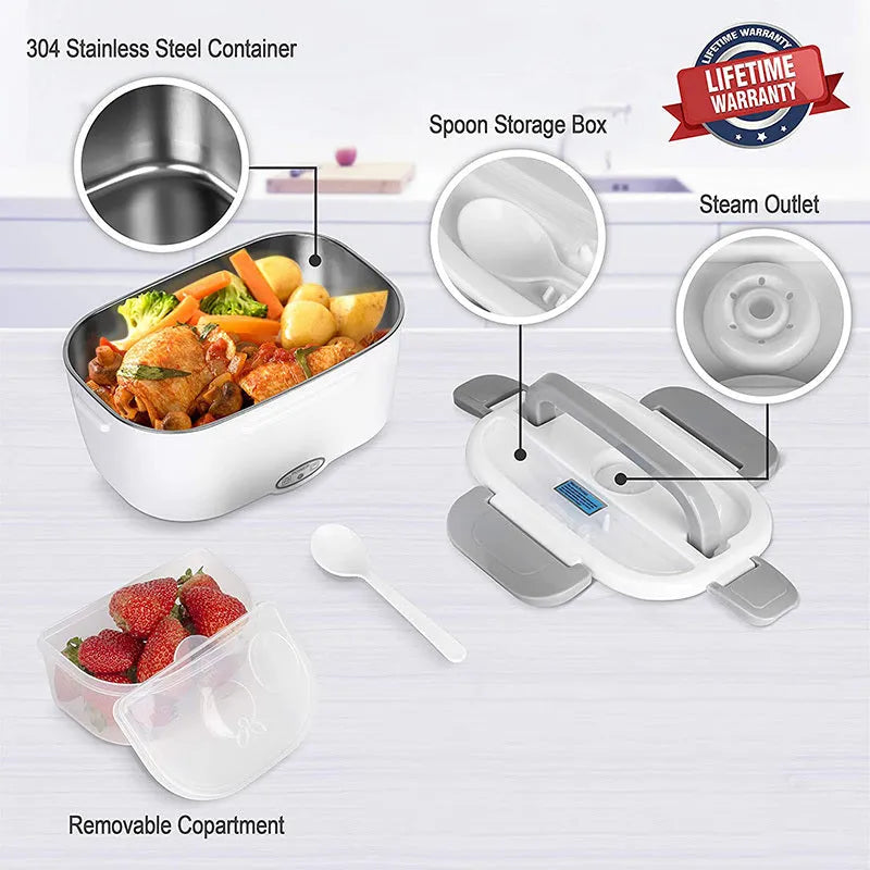 Grey dual-purpose electric lunch box with 1.1-1.2 litre capacity and 40W power for home and car use