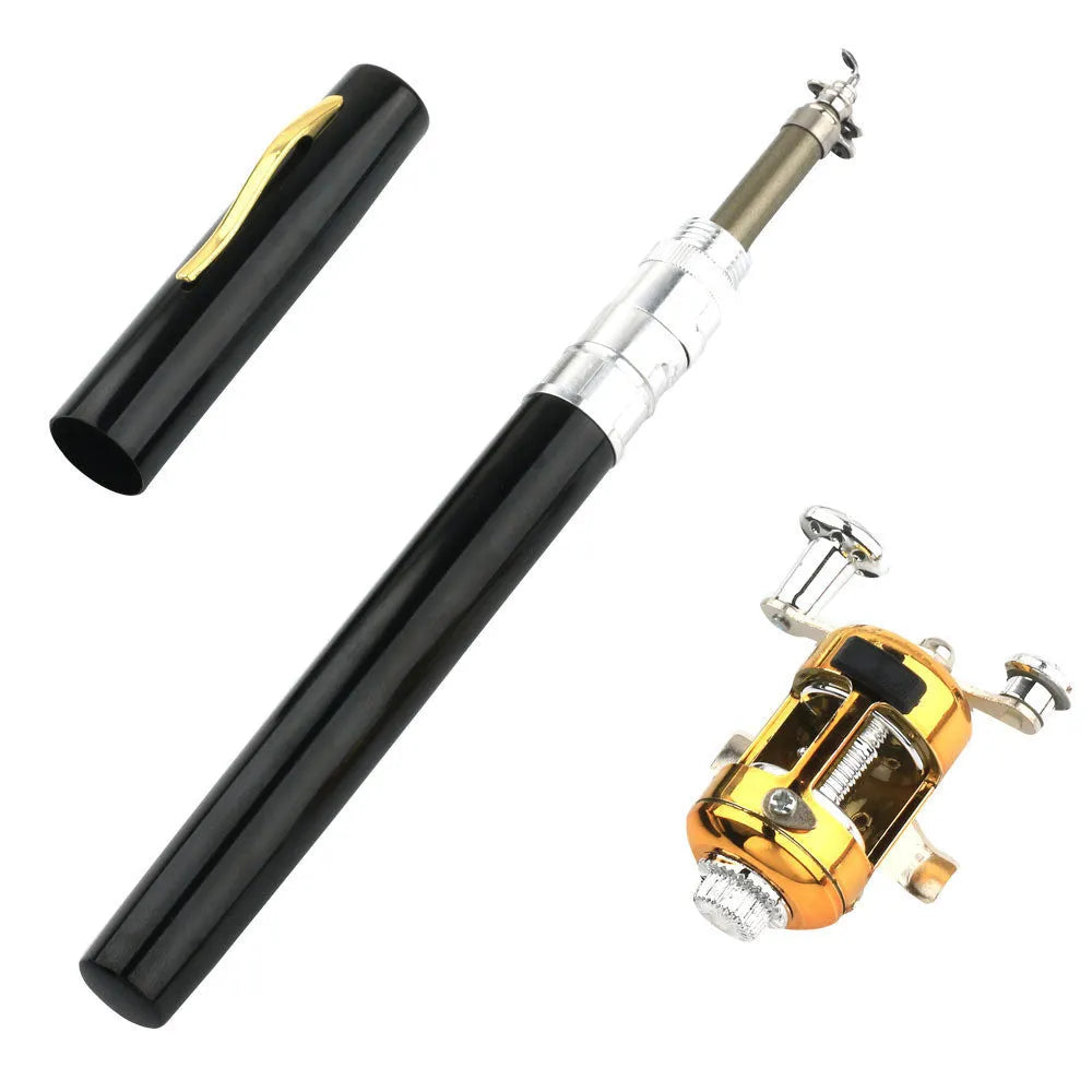 Telescopic fishing rod collapsed in aluminium alloy case beside extended 1m rod with drum attached