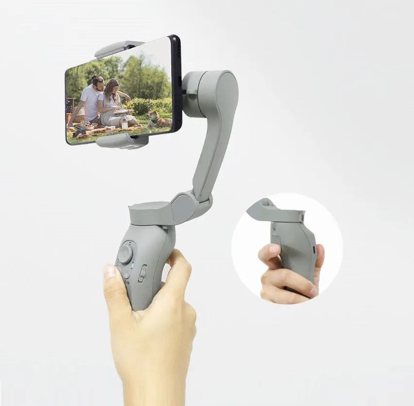 Folding L7B PRO three-axis mobile phone gimbal stabiliser shown in both unfolded and compact folded sizes.