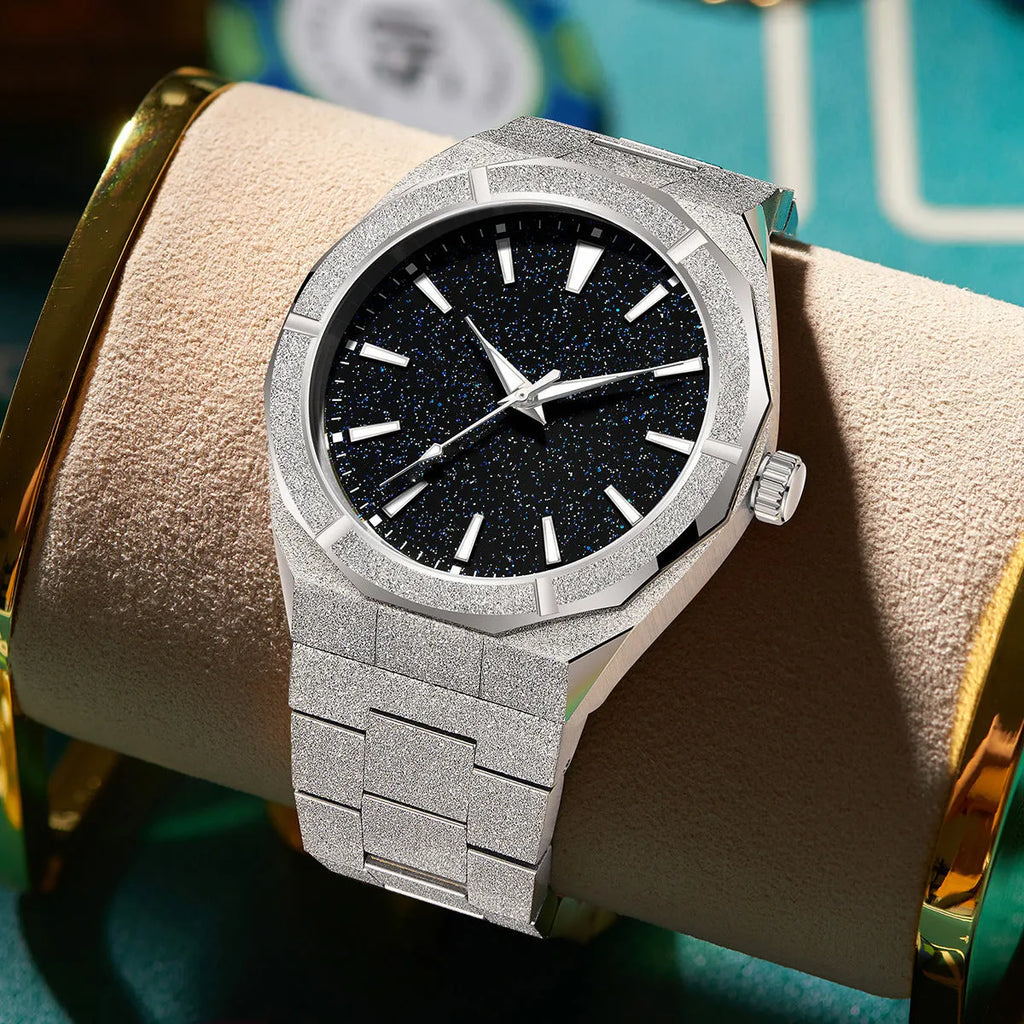 Men's business watch with stainless steel case, luminous hands, and frosted finish in silver colour
