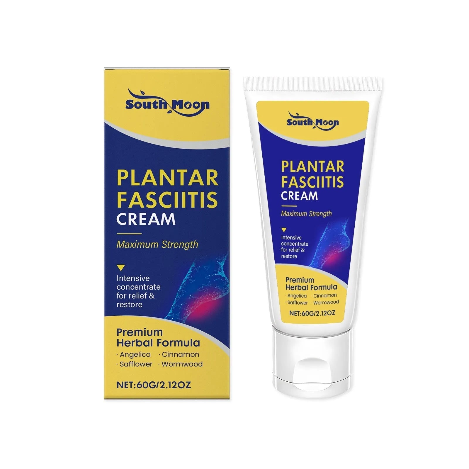 60g tube of Foot Care Relief Cream with herbal ingredients including mint leaves and angelica sinensis