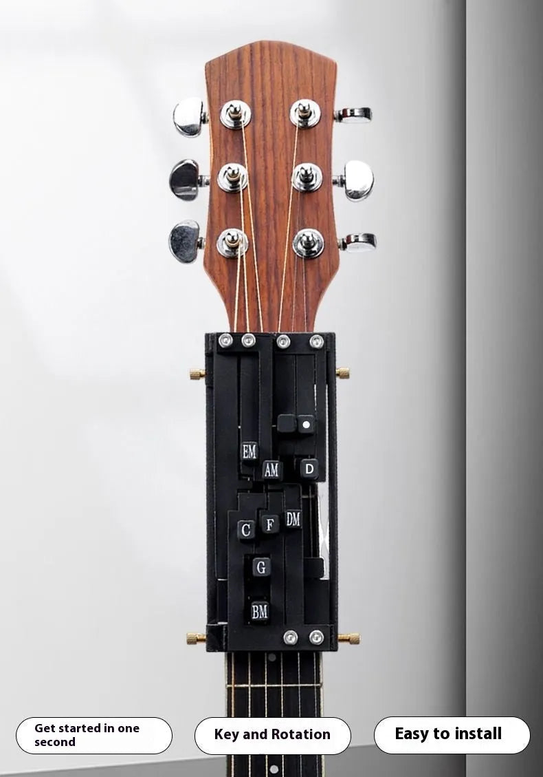 Black auxiliary chord practice device for folk guitar with double chord mechanism and automatic gear system