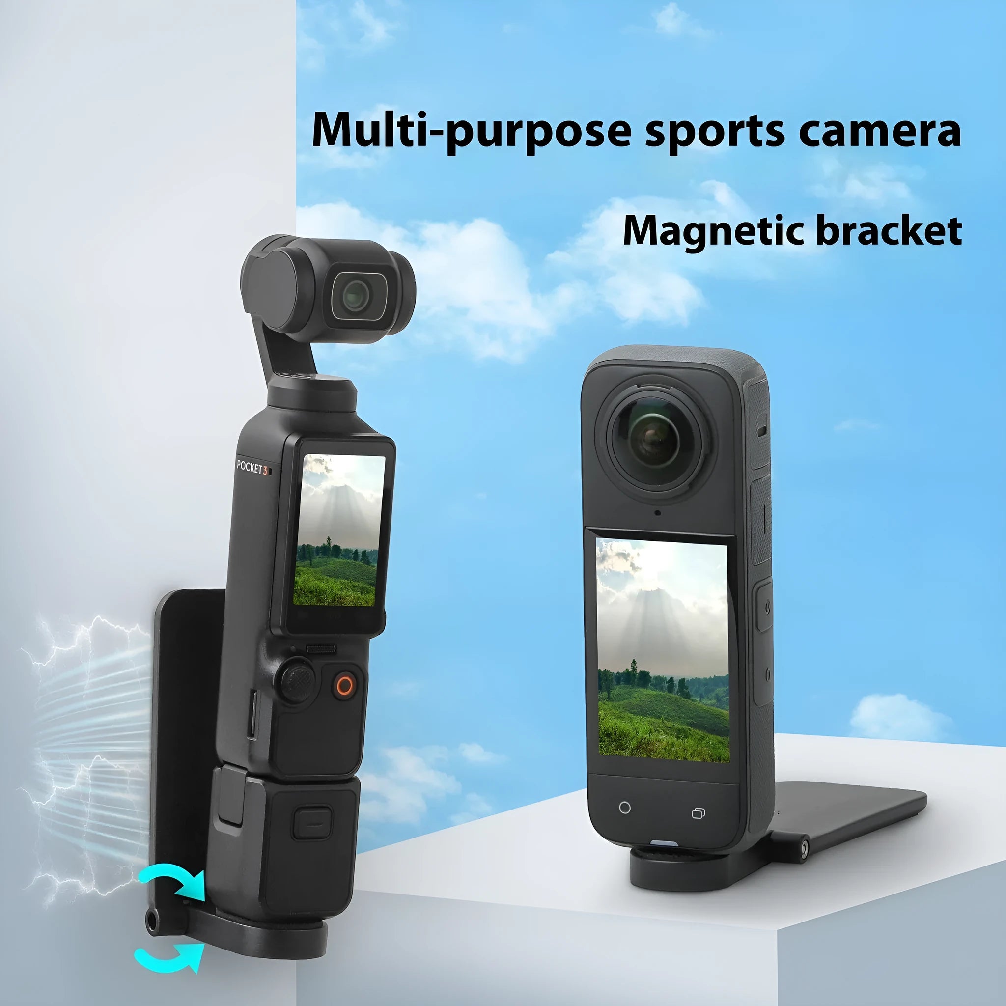 Black plastic magnetic desktop bracket and handle for Insta360 X4 action camera.