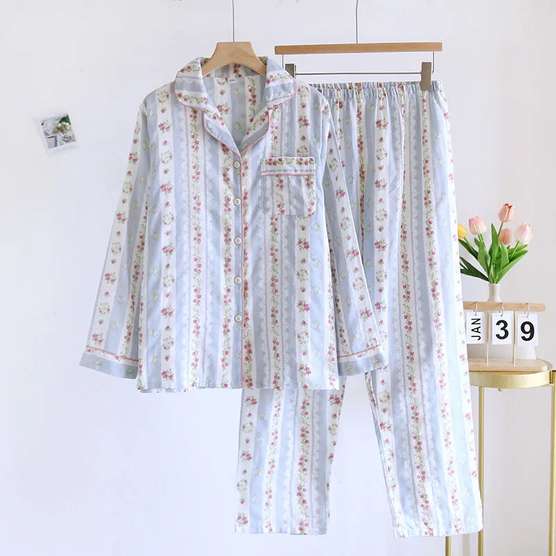 Japanese sweet ladies' homewear cotton double-layer gauze long-sleeved trousers two-piece set in colour stripes pattern