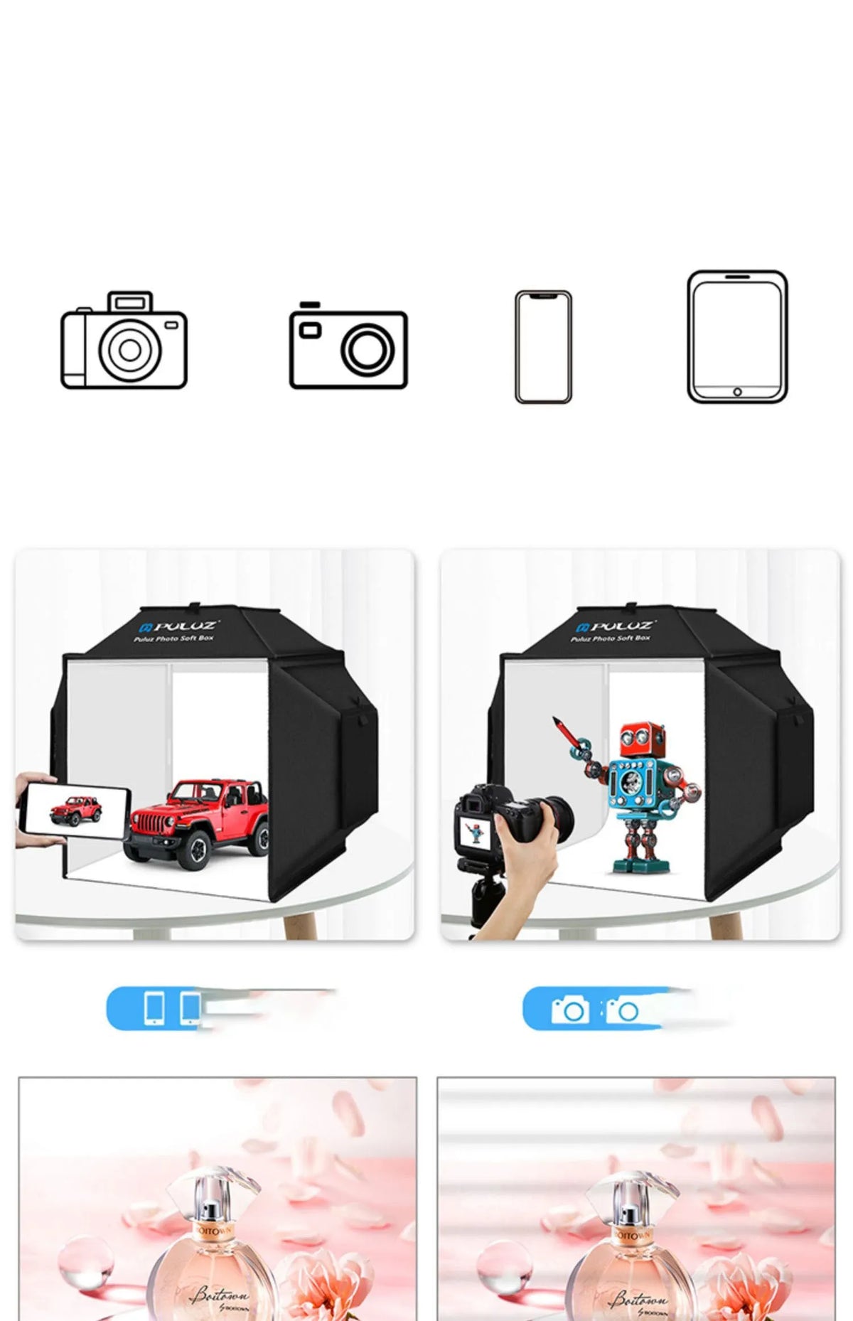 40cm foldable LED photo light box with 600D nylon cloth, 5500K and Ra>95, for small product photography