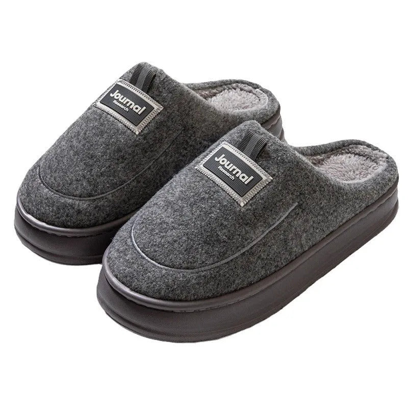Brown and grey men's suede and cotton slippers with a thickened sole, shown in multiple extended sizes.