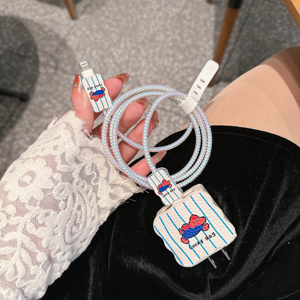 Lambskin USB cable protection sleeve in cartoon puppy design protecting charging cable connection point