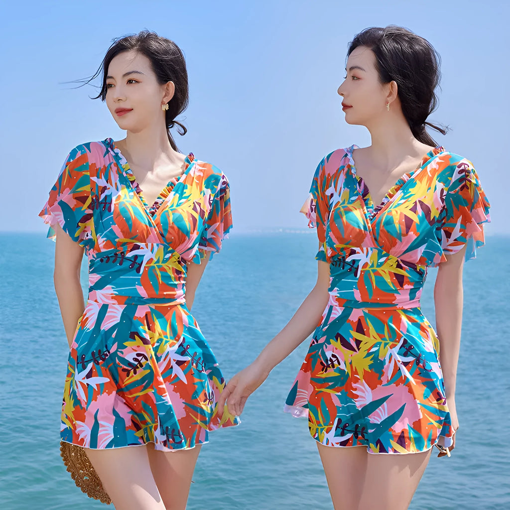 Women's cover belly one-piece swimsuit with colourful printed pattern in polyester fabric