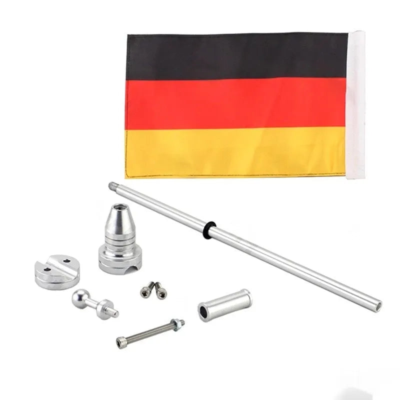 Aluminium alloy flagpole mount for motorcycle luggage rack in black and silver finishes.