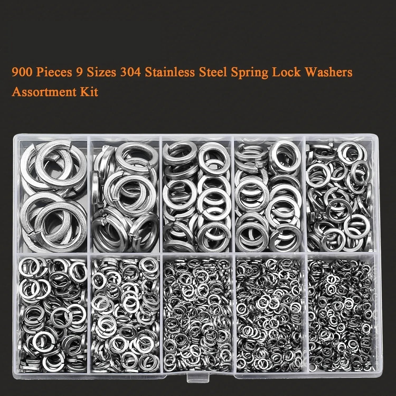 304 stainless steel spring lock washer combination box with 900 pieces covering 2-12mm diameters