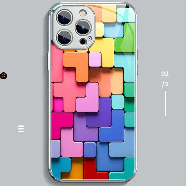 Colourful geometric cartoon design on a soft silicone case for iPhone, showing precise cutouts for camera and ports.