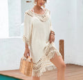 Women's apricot crocheted patchwork beach dress with mid-length skirt and half sleeves, free-size fit