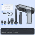 Wireless handheld car vacuum cleaner with multiple nozzle attachments and aviation carry bag.