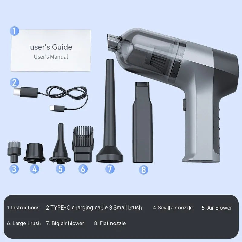 Wireless handheld car vacuum cleaner with multiple nozzle attachments and aviation carry bag.