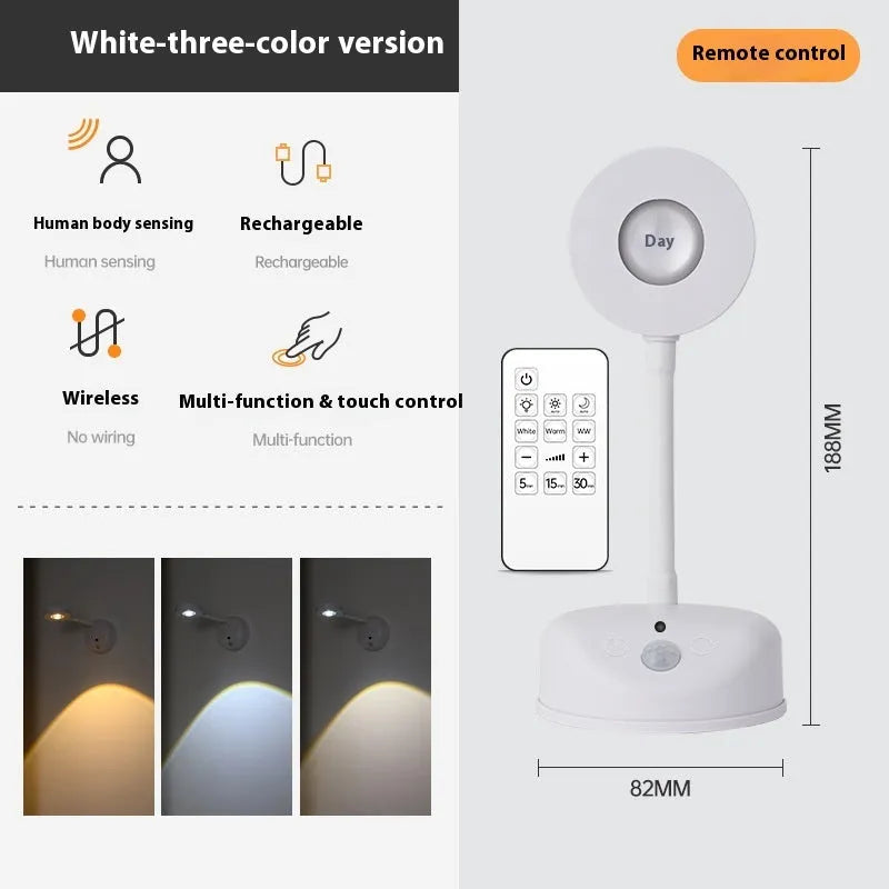 Geometric rechargeable wall lamp with remote control showing black and white colour options on modern interior wall