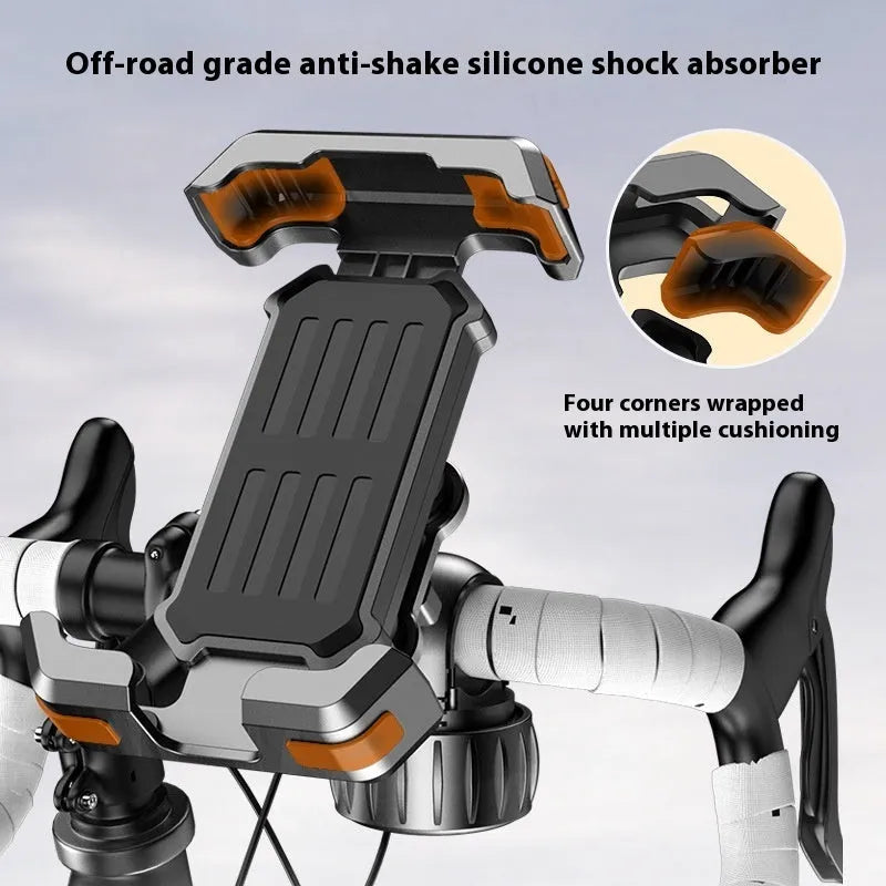 Black ABS plastic cycling phone mount on bicycle handlebars with adjustable knob.