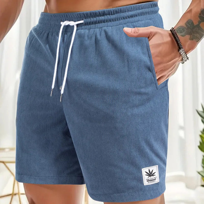 Men's elastic polyester drawstring leisure shorts in black, blue, khaki, or grey colours