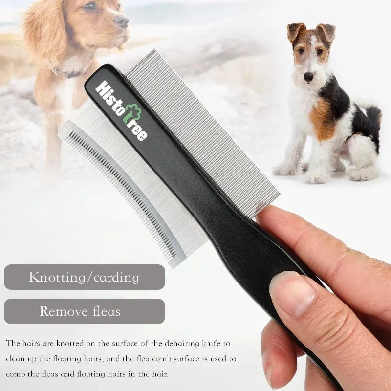 Black double-sided pet grooming comb with wooden handle and stainless steel teeth for cat and dog grooming